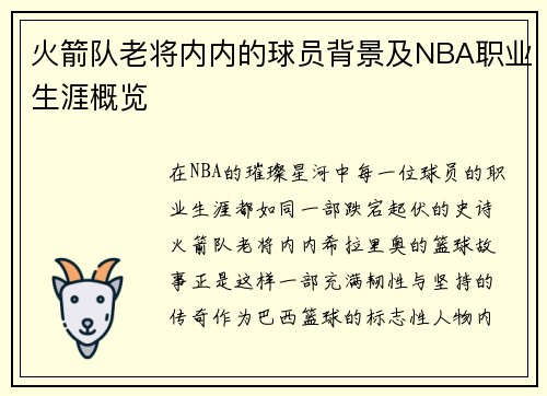 火箭队老将内内的球员背景及NBA职业生涯概览